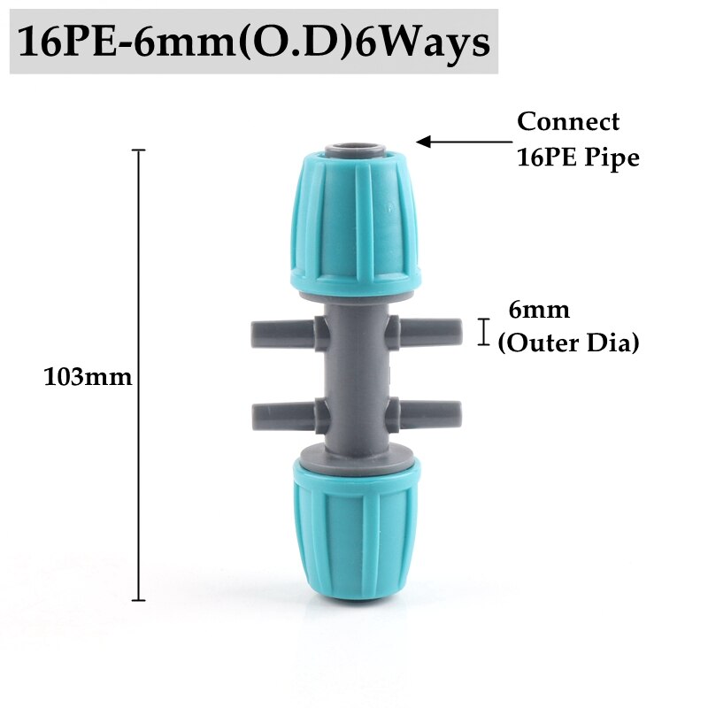 Connecteurs de tuyaux en PE 16mm, 3 pièces/lot, Joints de tuyaux, écrous de verrouillage, pour le jardin, l'arrosage et l'irrigation agricole: 16PE-6mm(O.D)6Ways