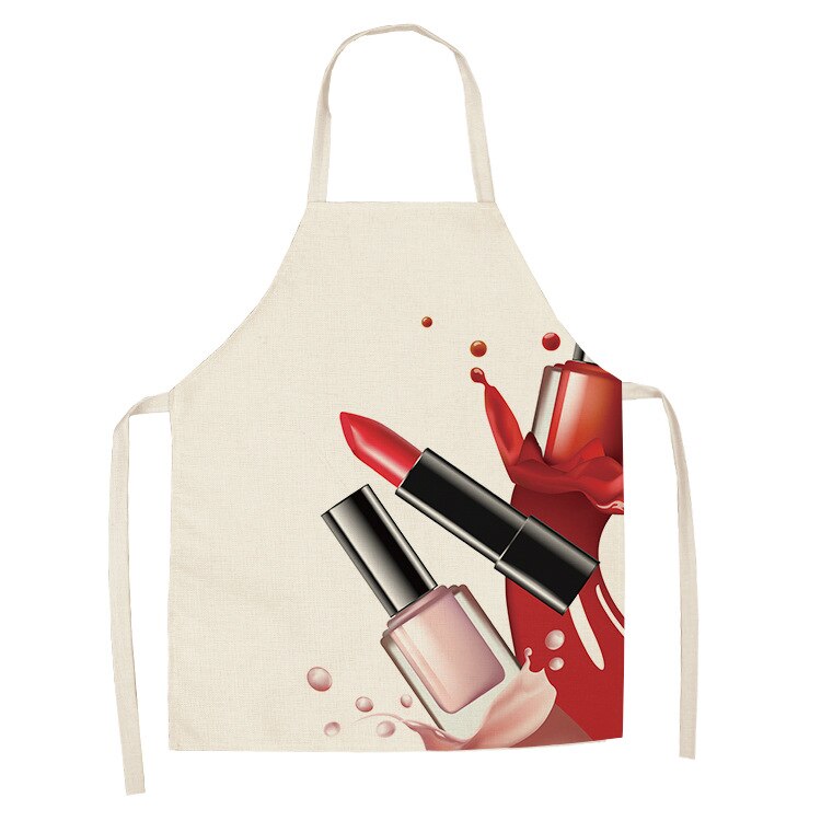 Negle makeup studio 1 stk pink læbestift og neglelak print forklæder til kvinder bomuld linned hagesmække husholdningsrengøring madlavning: Wql 0179-15