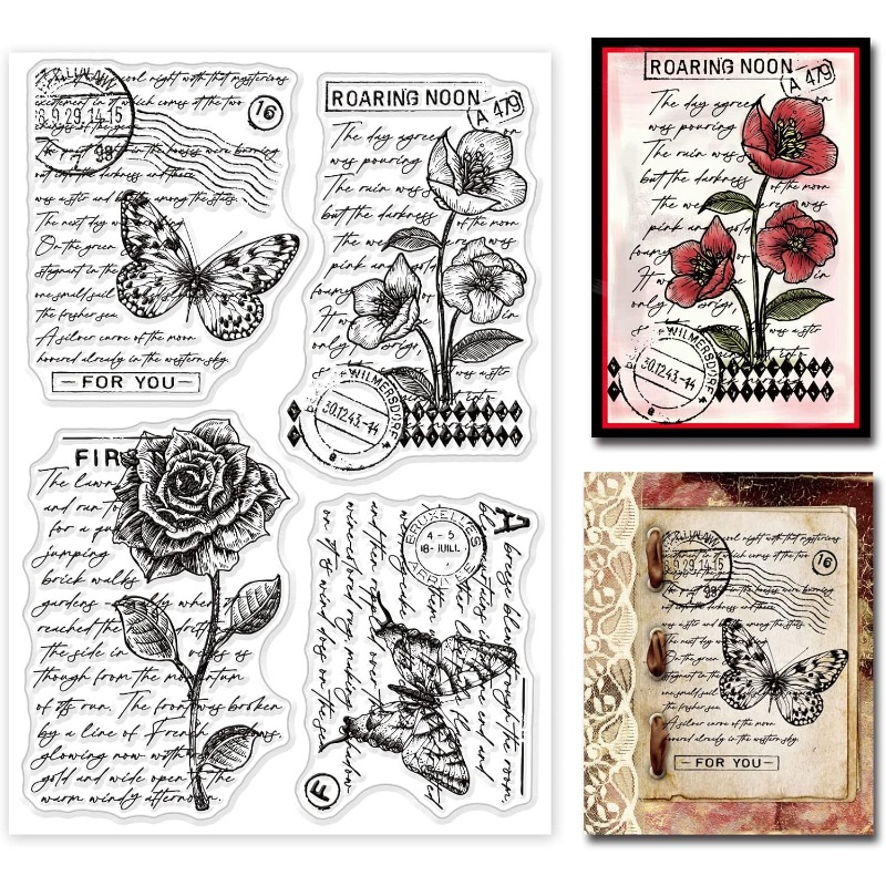 1 Vel Vintage Bloemen Duidelijke Stempel Art Woorden Transparante Siliconen Stempel Vlinder Rose Rubber Stempel voor Scrapbook Journal Card