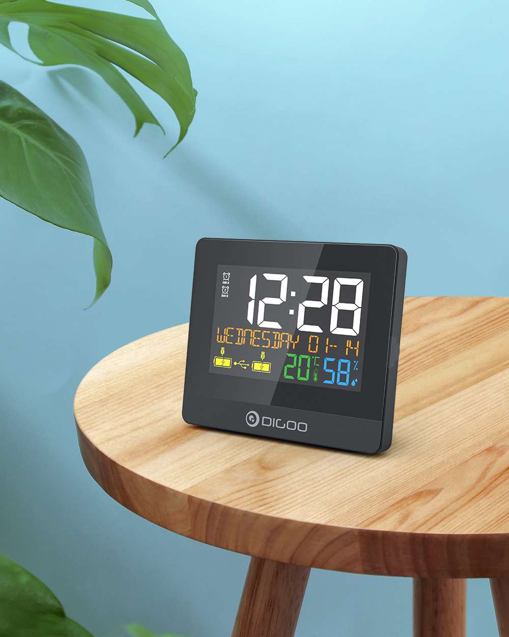 DIGOO Dual USB Charging Port Alarm Clock Hygrometer 10W Phone Charger Snooze NAP Countdown Desktop Temperature Humidity Sensor