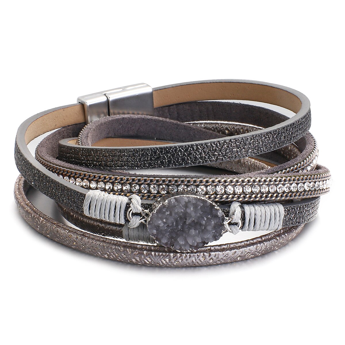 Allyes Lange Hars Lederen Armbanden Voor Vrouwen Boho Rhinestone Charm Magnetische Gesp Gevlochten Wrap Armband Sieraden: Grey