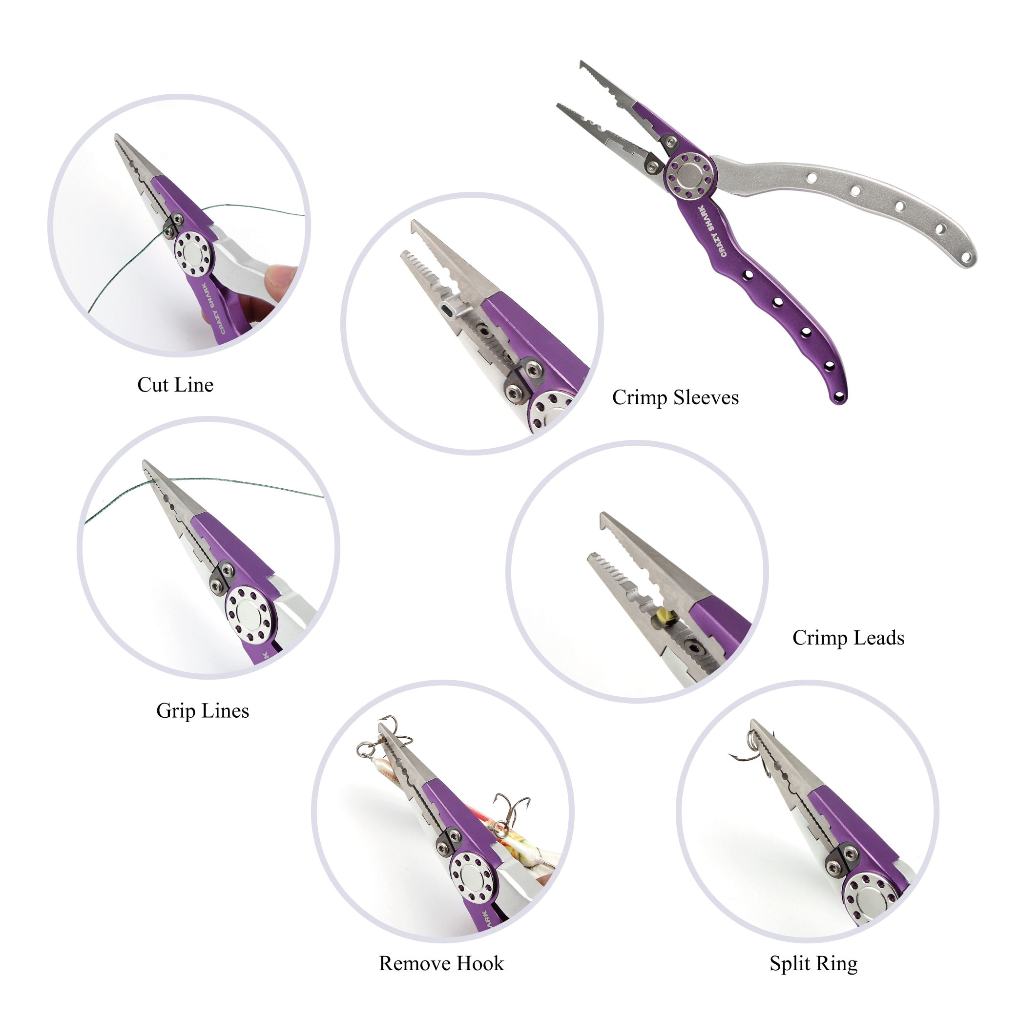 Crazy Shark 19cm Multifunctional Fishing Pliers Aluminium Hook Remover Split Ring Cutters Rustproof Saltwater Tools Carp Fishing