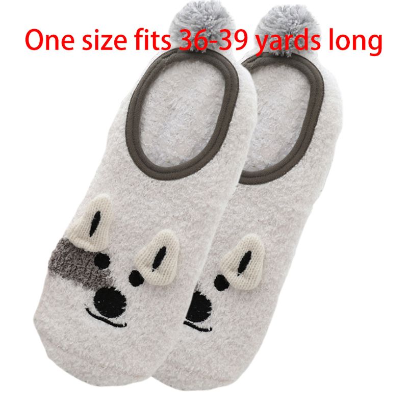 1 Pair Lady Winter Fuzzy Warm Slipper Floor Socks Cute Cartoon Animal Embroidery Coral Velvet Hosiery Footlet Sock Warmer