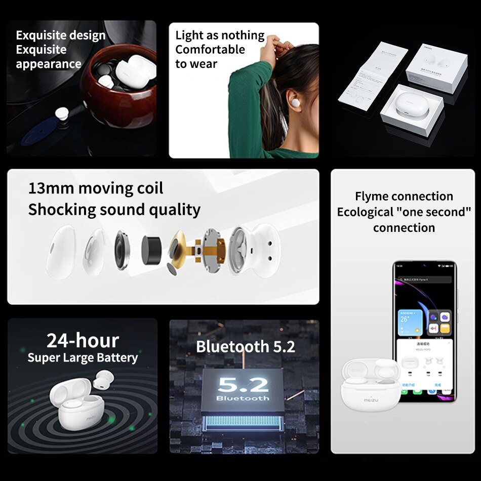 Meizu POP 3 TWS auricolare Wireless Bluetooth 5.2 auricolari ENC 24 ore di durata della batteria cuffie Wireless IPX5 per Meizu 18 Pro 18X