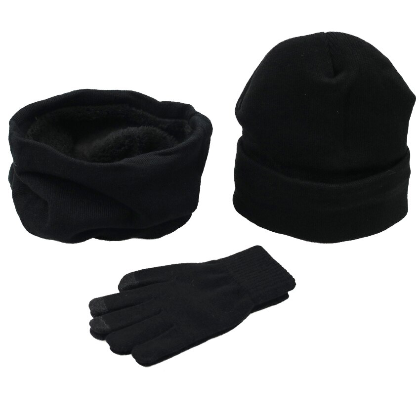 Kvinder vinterhuer tørklæder handsker kit strikket plus fløjlshue tørklædesæt til mandlige kvinder 3 stk/sæt huer tørklædehandske: Sort