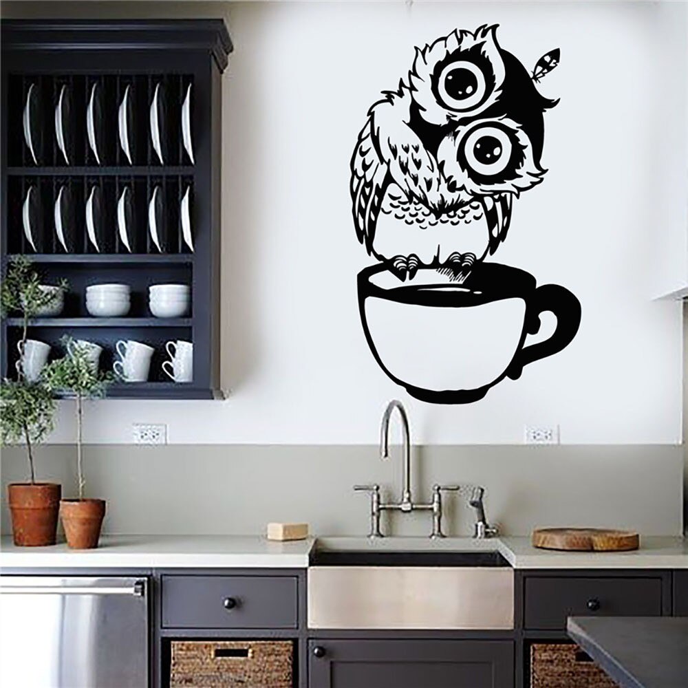 Mignon tête inclinée hibou autocollant mur pour enfants chambres Vinilos Paredes café tasse animaux chambre pvc affiches murale Art cuisine décor: DX027