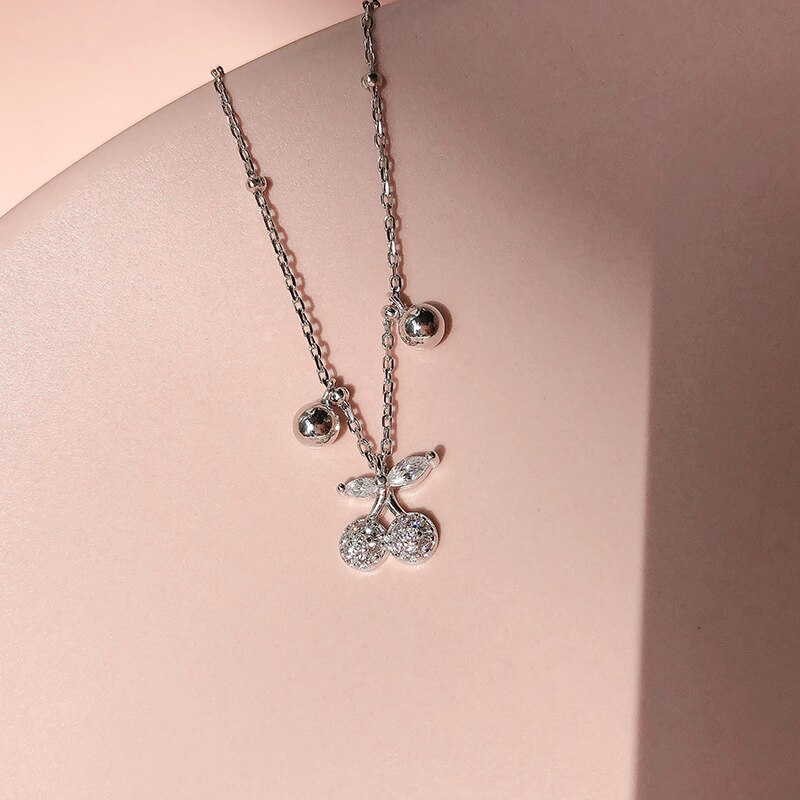 ANENJERY Glittering Zircon Cherry Tassel Bead Pendant Necklace for Women Fruit Clavicle Chain Dainty Necklace S-N688