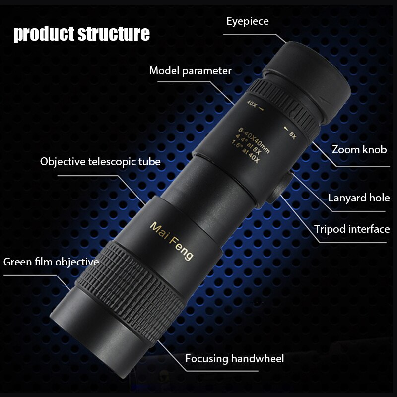 Maifeng 8-40x40 Monocular Telescope on smart phone Compact Retractable Zoom Waterproof Bak4 HD ED Glass With Tripod