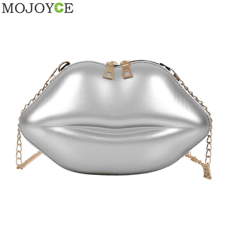 Frauen Rot Lippen Kupplung Tasche Damen Pu Leder Kette Schulter Tasche Bolsa Abend Tasche Lippen Form Geldbörse: Silver