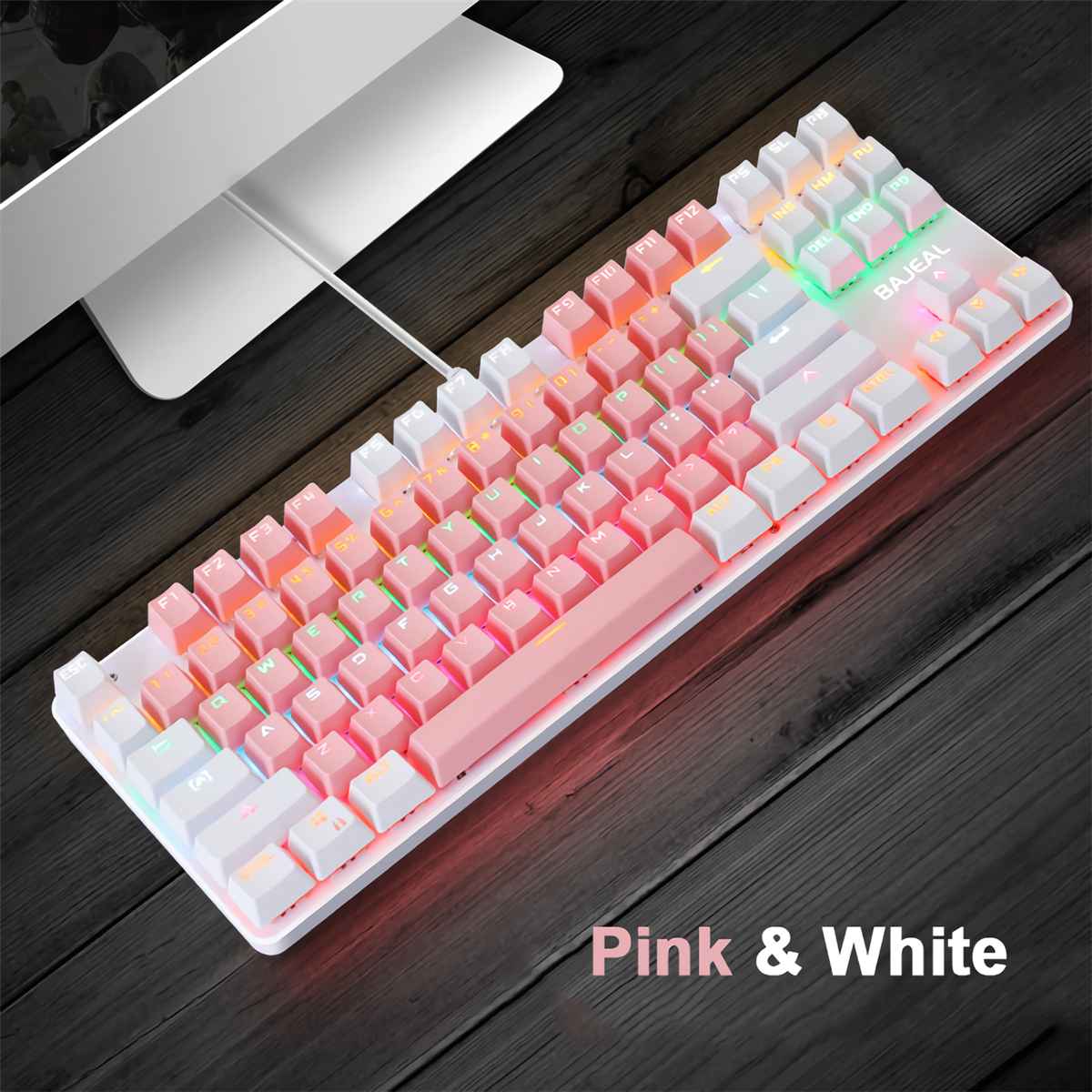 BAJEAL K100 87 Keys Wired Gaming Mechanical Keyboard Two-Color Blue Switch LED Backlight Keyboard For PC Gamer Laptop Computer: pink white