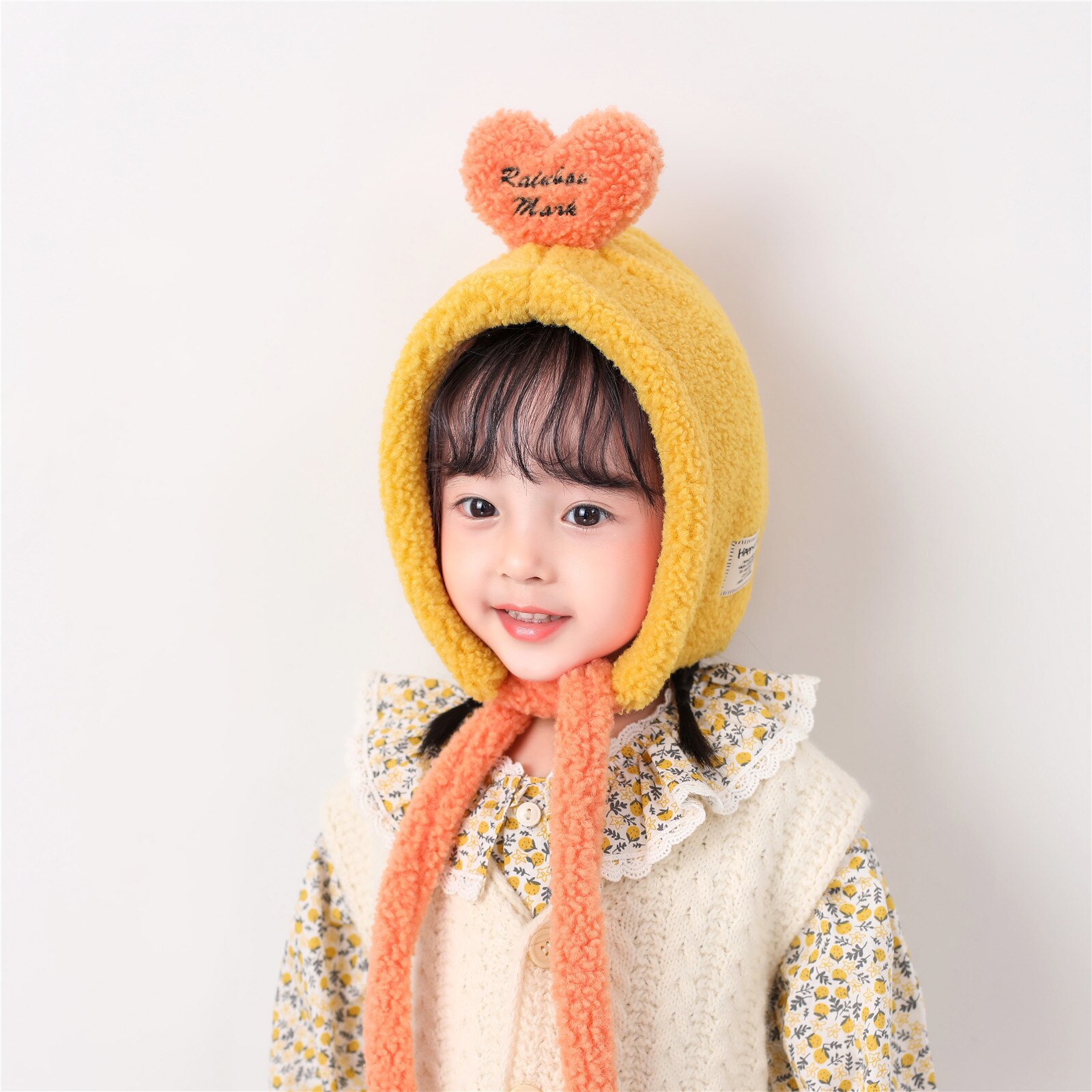 Girl's hat autumn winter ear cap children's scarf hat set foreign style baby lamb cashmere love tie up hat kids hats