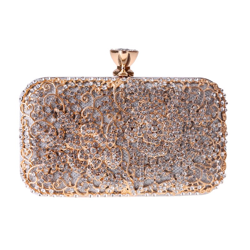 Bolso de mano de Metal con diamantes de imitación para mujer, cartera de noche de oro y cristal, bolsos para de boda, bolso de mano de día