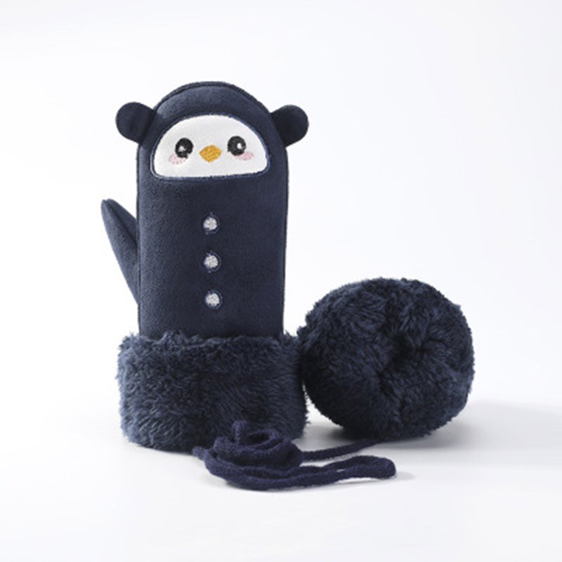 Gants pour enfants hiver épais cachemire dessin animé pingouin requin daim cuir gants garçon/fille suspendus cou mitaines de Ski H29: A Cyan