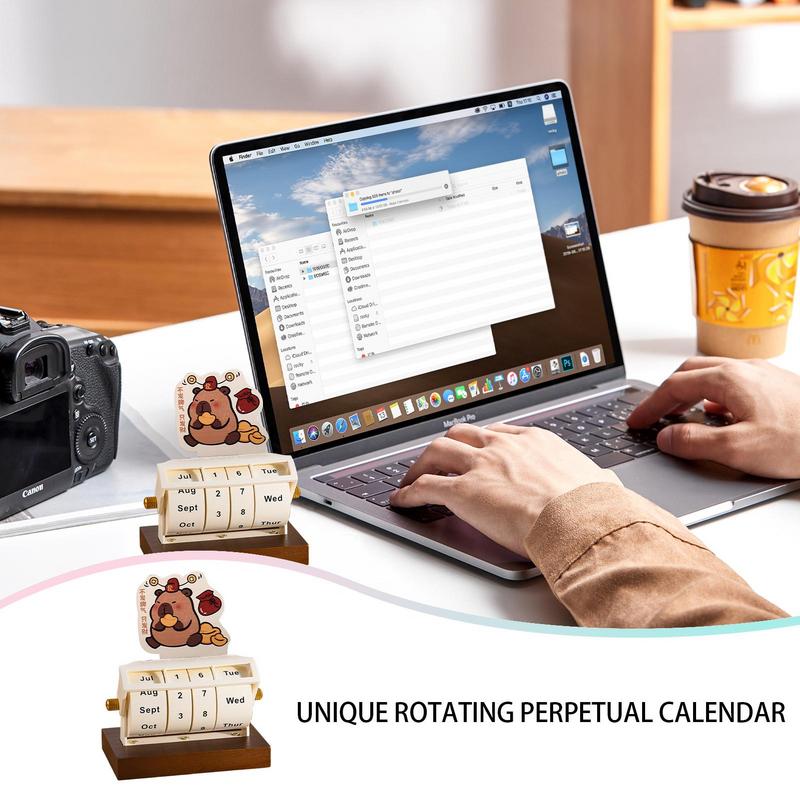 Rotary Perpetual Calendar Wood Decor Tabletop Capybara Calendar Wheeling Calendar Month Week Day Date Display For Home Office