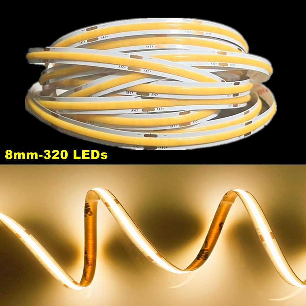 COB LED Strip Verlichting DC12V 24 V 320 LEDs/M Hoge Dichtheid Flexibele LED Tape DC Plug/2pin Draad RA90 Keuken Kamer Decor 8mm paneel