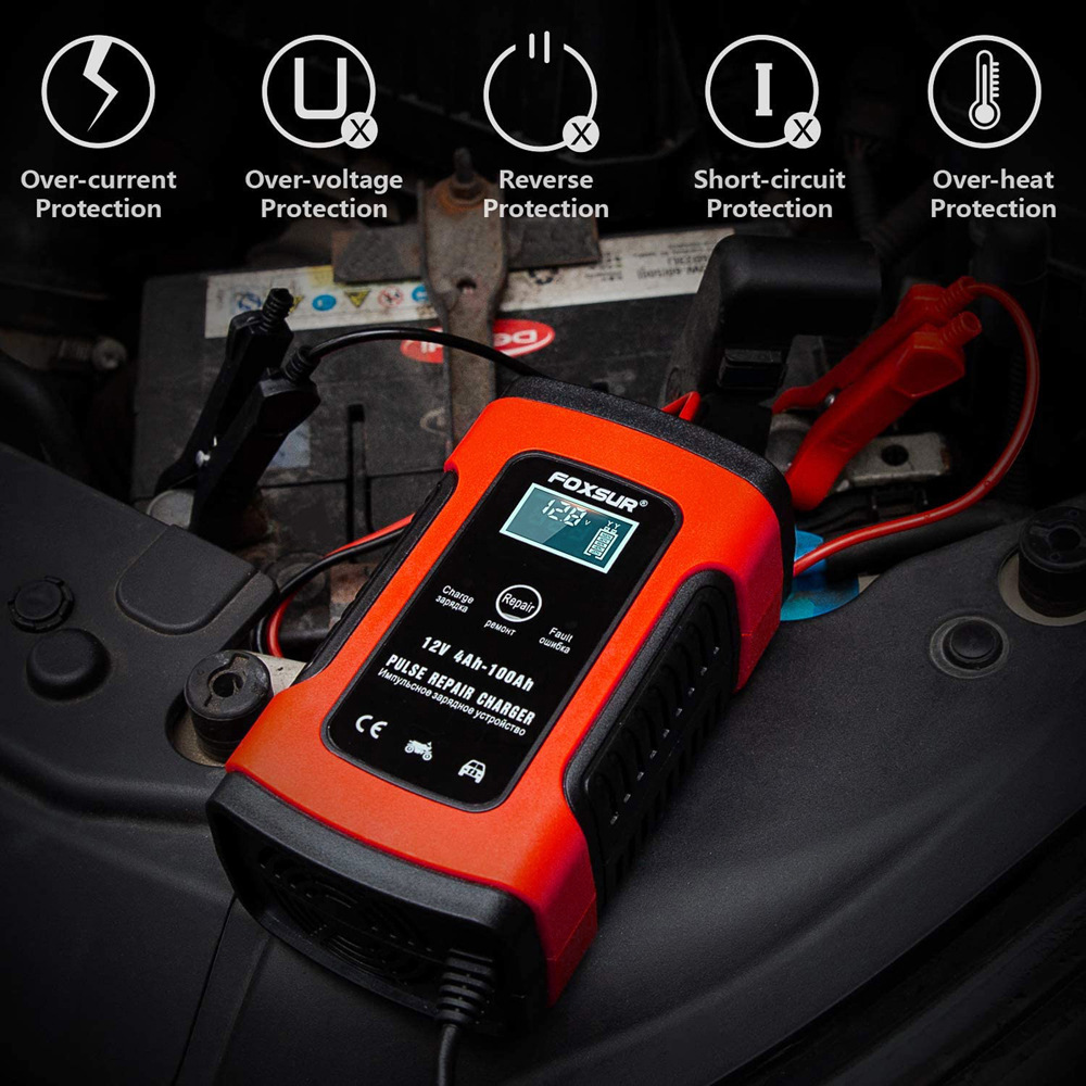 Foxsur 12V 5A Car Battery Charger LCD Display Full Automatic Intelligent Battery Chargers Multiple Protection Pulse Repair