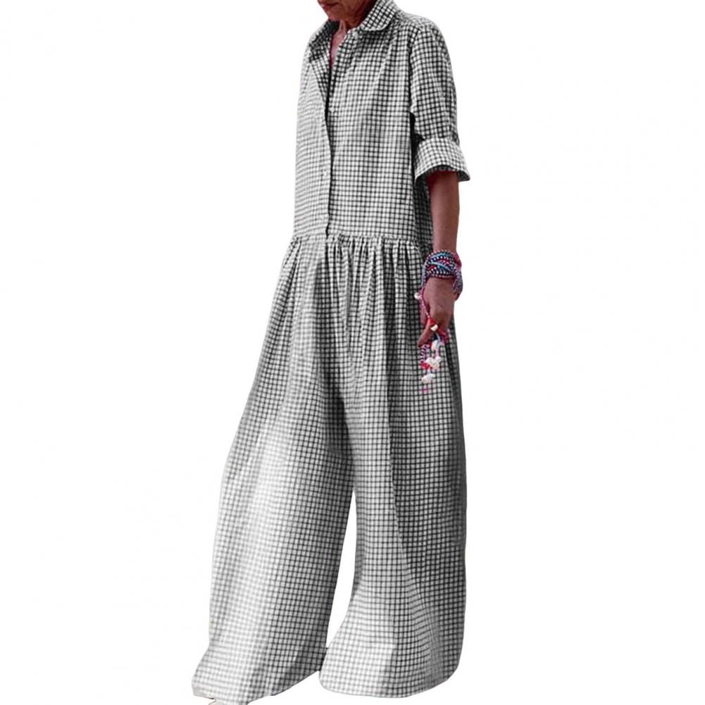 Zachte Jumpsuit Stijlvolle Ruitjesprint Dames Jumpsuit Met Lange Mouwen Wijde Pijpen Casual Losse Pasvorm Voor Een Modieuze Look Elastisch: S / WHITE