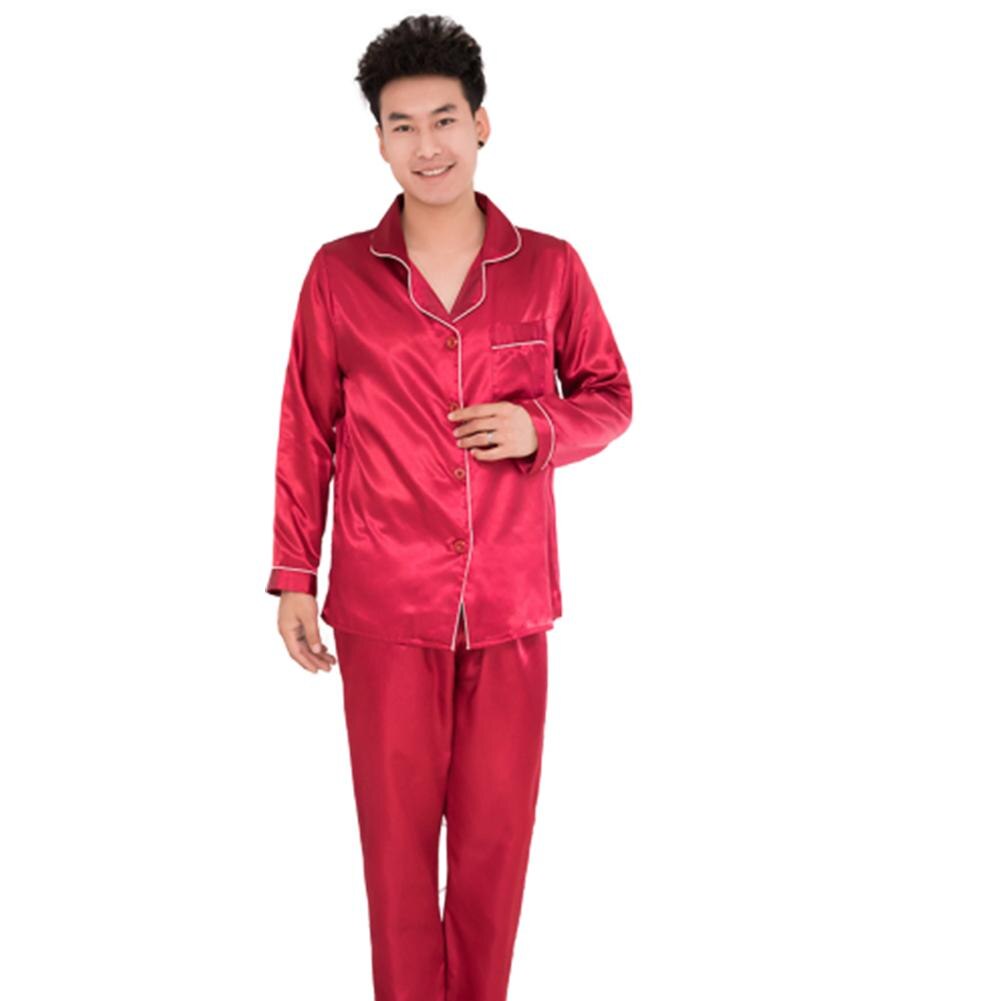Silk Satin Men Pajamas Set Sleepwear Couple Solid Color Long Sleeve Suit: Red / L