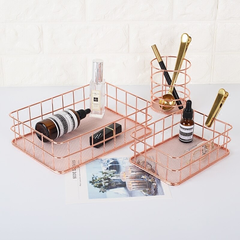 Rose Gold Metal Desktop Storage Baskets Makeup Organizer Eyeliner Brush Set Storage Chopsticks cage Pen Holder Jewelry Storage