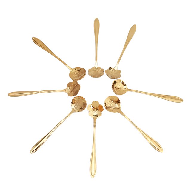 8Pcs/Set Flowers Gold Spoon Long Handle Dessert Tea Coffee Mixing Spoon Stainless Steel Vintage Teaspoons Drink Tableware: Gold