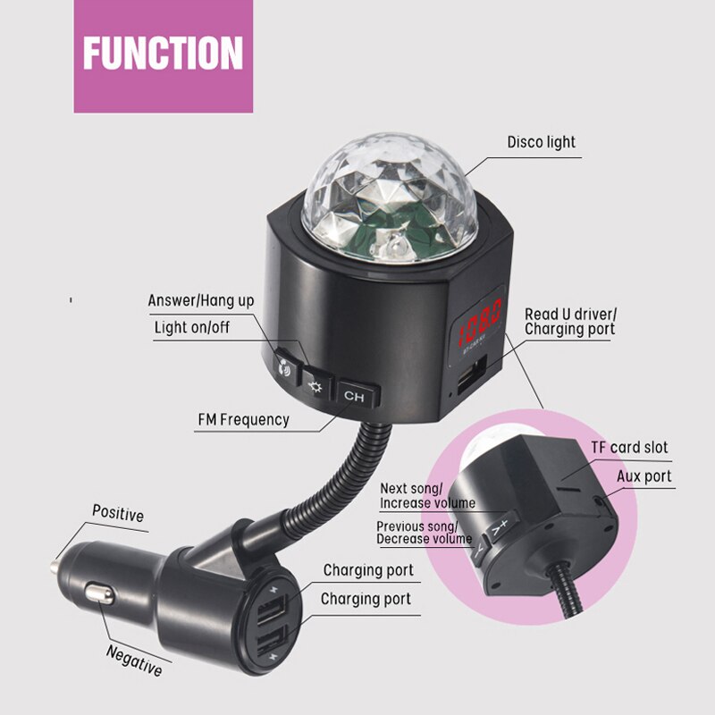 Luz Ambiental modulación FM Transmisor coche Bluetooth manos libres reproductor cargador USB dual coche radio kit cargador de coche
