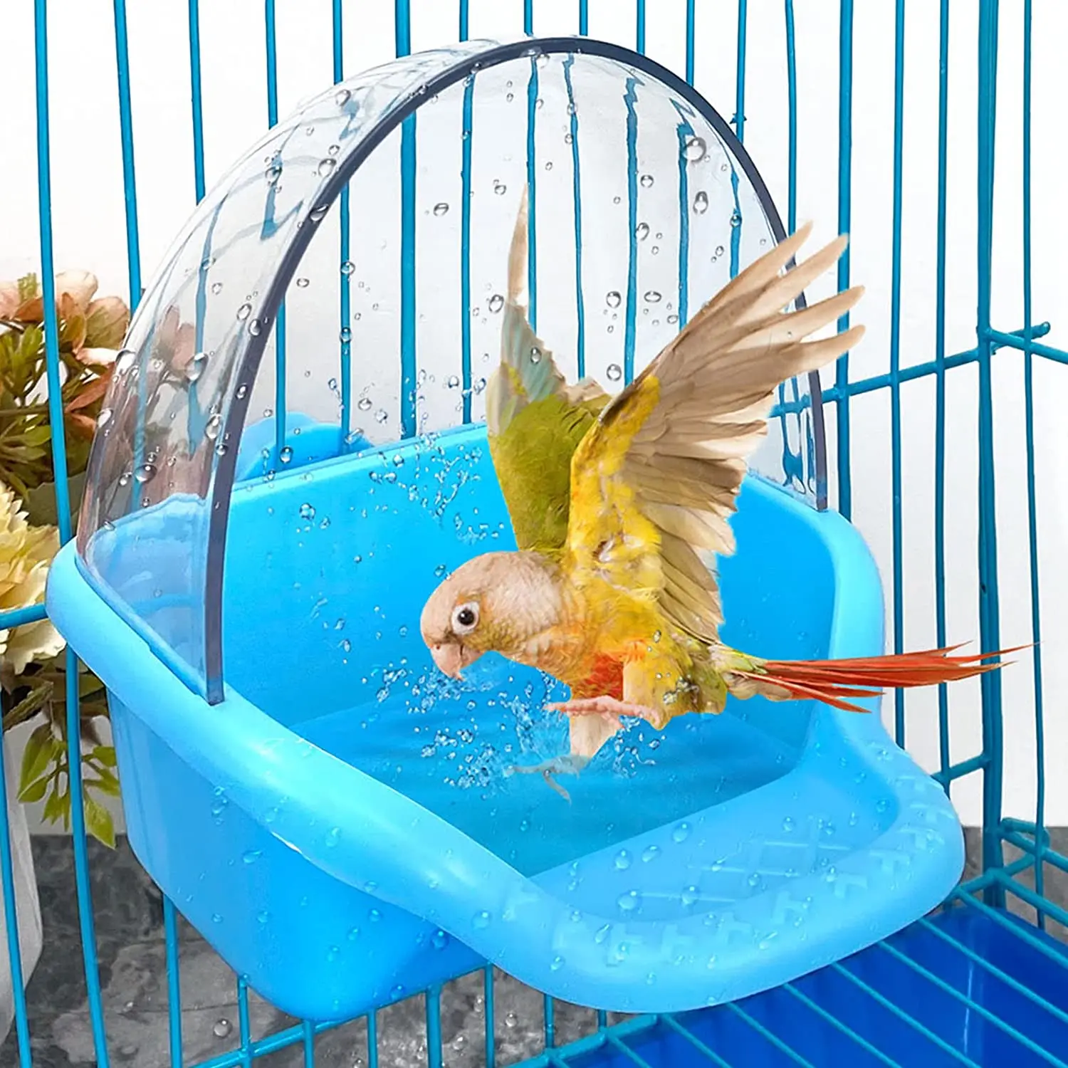 Jaula de prevención de salpicaduras para pájaros, comedero colgante de agua para loros y aves, contenedor de comida para mascotas, suministros para pájaros