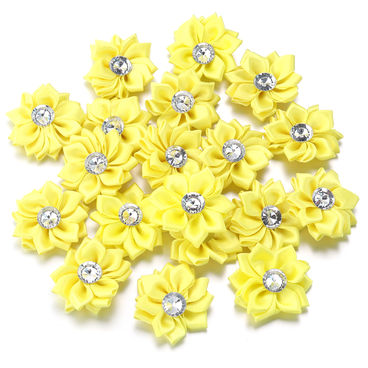 20Pcs/lot Mini Satin Ribbon Flowers 4cm Multicolor Rhinestones Handmade Flower for DIY Hair Clip Clothing Decoration Accessories: light yellow