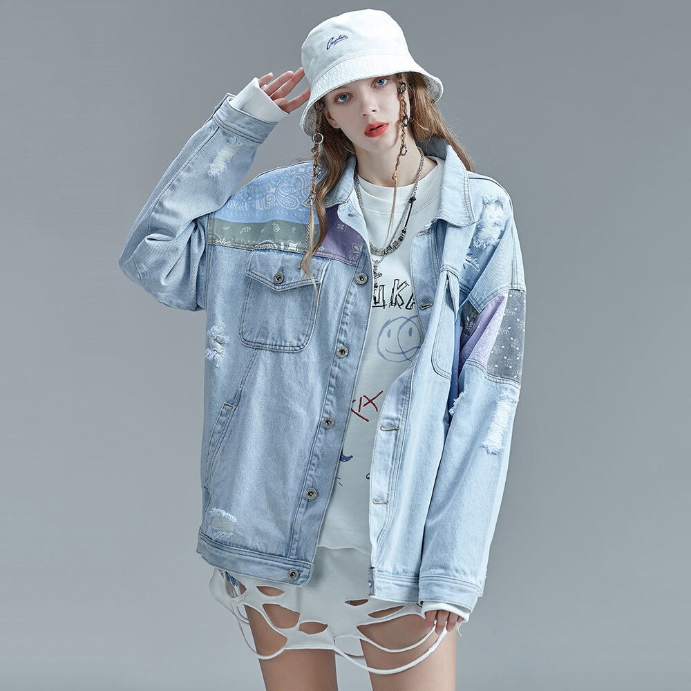 Patchwork Denim chaqueta de abrigo de los hombres de la de las mujeres pañuelo de Hip hop patrón de Paisley vaquero ropa deshilachada pantalones vaqueros rasgados chaqueta