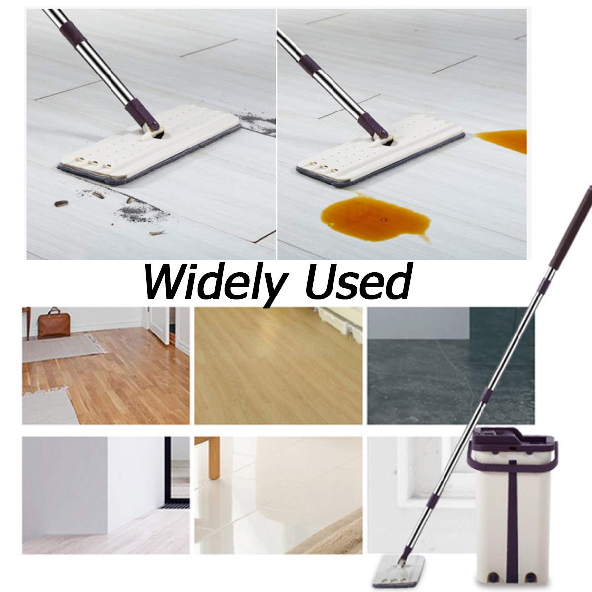Flat Squeeze Mop and Bucket Hand Free Wringing Floor Cleaning Lazy Mop Wet Dry Usage with Microfiber Mop Pads