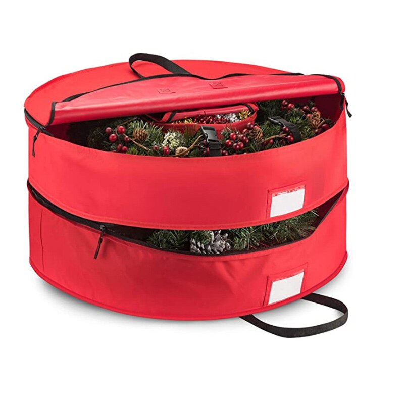 Double Premium Christmas Wreath Storage Bag 24/30/36" With Compartment Organizers For Xmas Garlands Durable Handles 600D Oxford