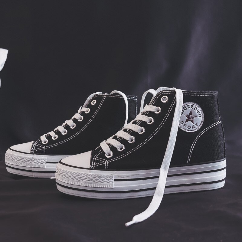 Dame lærredssko high-top indvendig forøgelse plus lille størrelse 34 ren farve hvide sneakers 5.0cm hæle snørebånd pige fritidssko