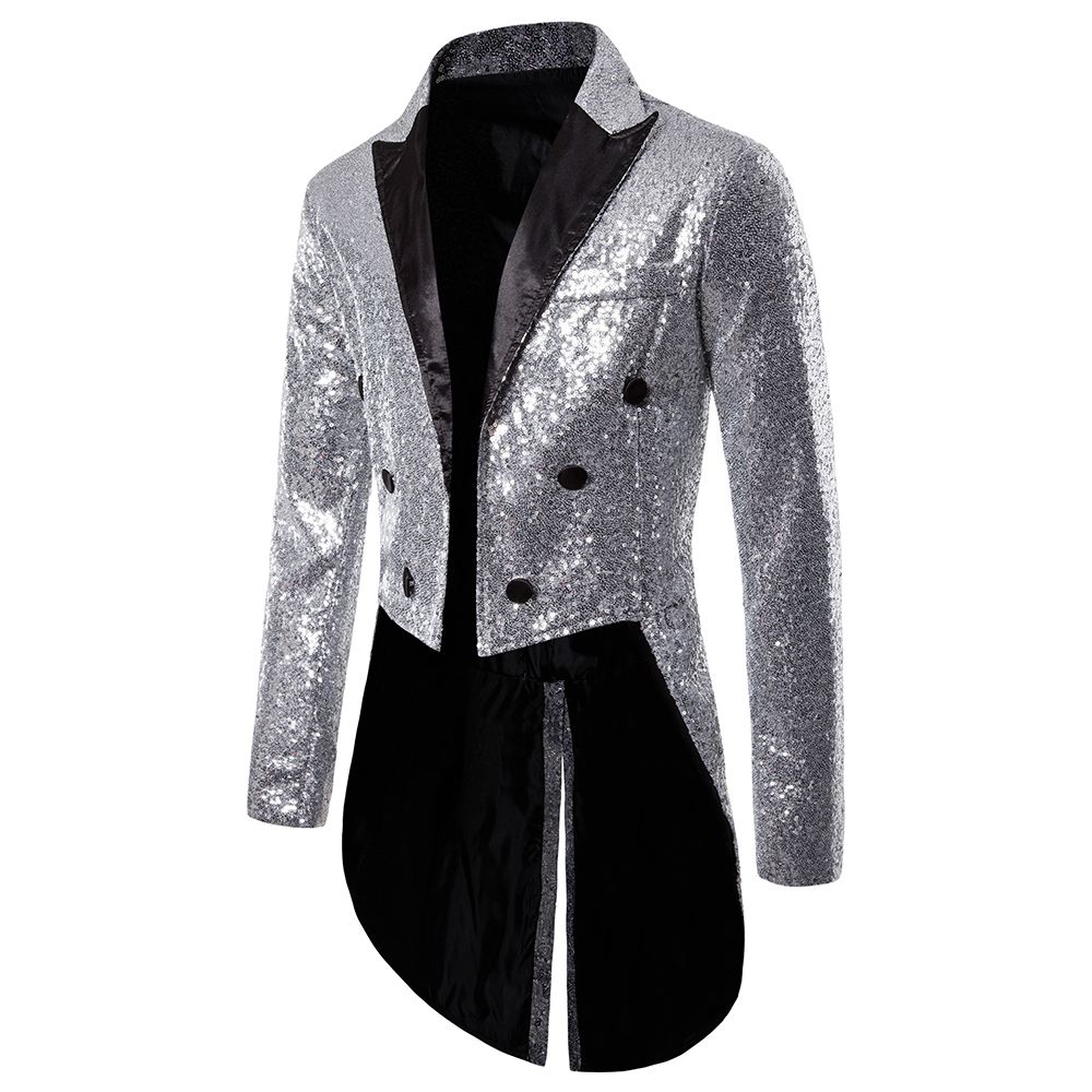 Traje de hombre con botones de lentejuelas redondas, esmoquin, espectáculo de escenario, presentador de boda, Festival de baile, celebración, cena, ropa informal para hombre, abrigo para hombre: XXL / Plata