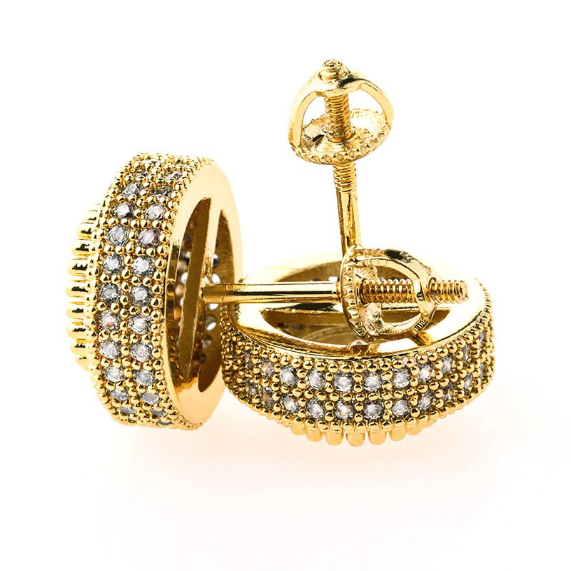 Hip Hop Prong ustawienie AAA CZ kamień Bling Iced Out stadniny kolczyki męskie okrągłe kolczyki dla mężczyzn biżuteria raper różowe złoto kolor