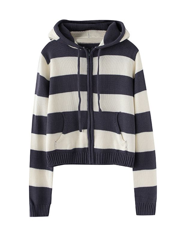 PUWD-Cardigan casual listrado com capuz para mulheres, senhoras malhas de bolso, meninas chique outwear top, moda outono, 2022: Branco