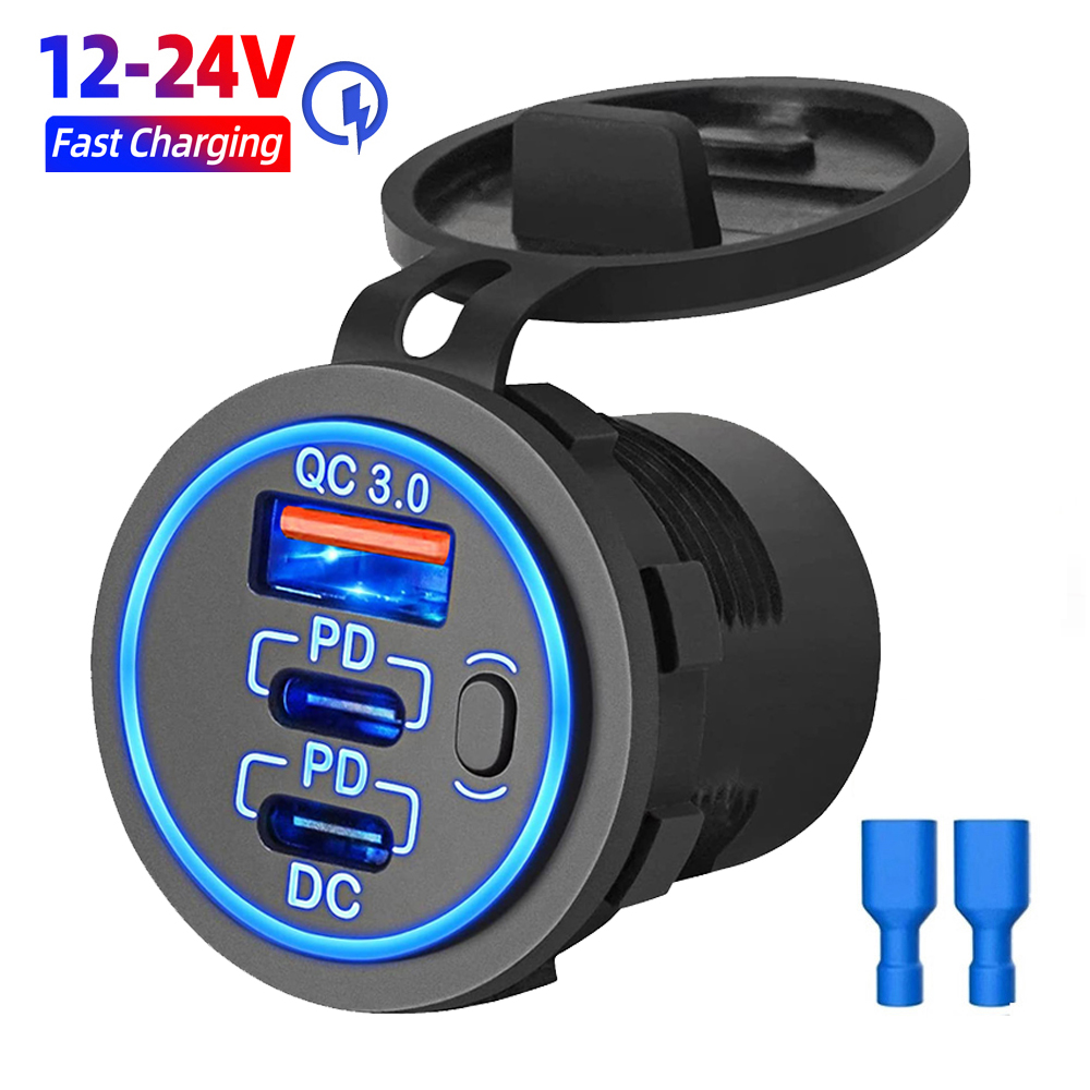 Enchufe de cargador de coche USB de 12V, doble puerto de 30W PD USB-C USB-C y 18W QC3.0, accesorios de cargador de coche para coche, RV, barco, camión marino y motocicleta