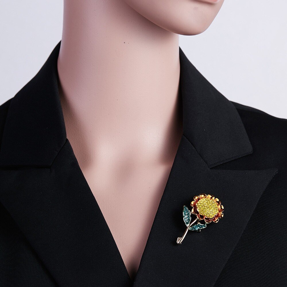 RINHOO Kristall Sonnenblumen Kamelie Blume Blatt Pflanzen Kristall Strass Kragen Brosche Pin für Frauen Männer Kostüm Schmuck