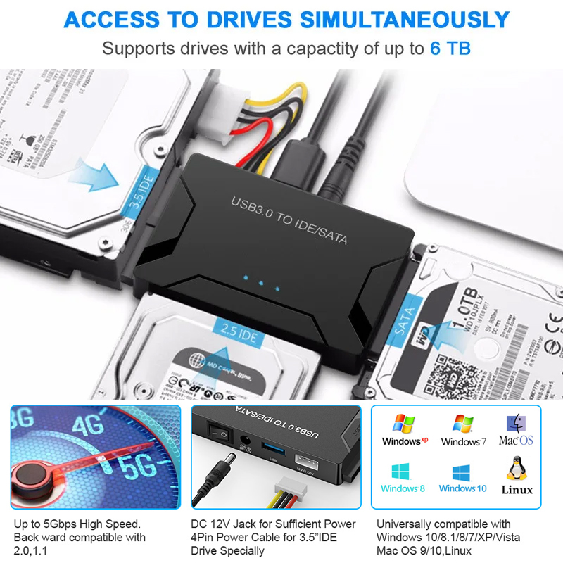 USB 3.0 to SATA/IDE Adapter IDE Hard Drive Adapter for Universal 2.5"/3.5" Inch IDE and SATA External HDD/SSD Support 6TB