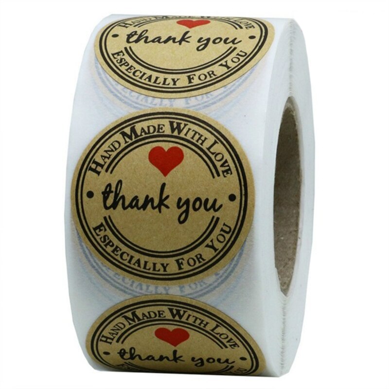 1 Inch Ronde Kraftpapier Dank U Hand Gemaakt Met Liefde Met Rood Hart Stickers Totaal 500 Zelfklevende Etiketten Per roll