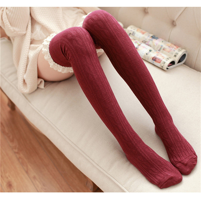 Lente Winter Vrouwen Knie Sokken Twist Meisje Kant Over Knie Warme Buis Kous Vrouwelijke Voorraden DP982950: Wine red