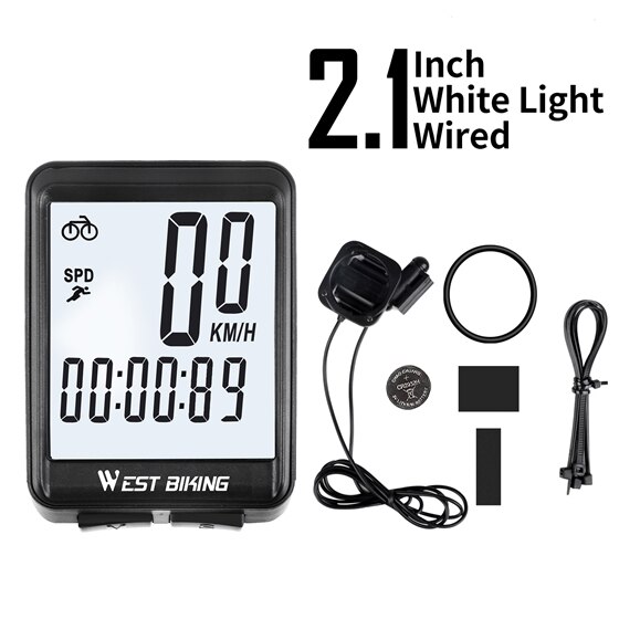 WEST BIKING Waterproof Bicycle Computer WirelessWired MTB Bike Cycling Odometer Stopwatch Speedometer Watch LED Digital Rate: White Light-Wired
