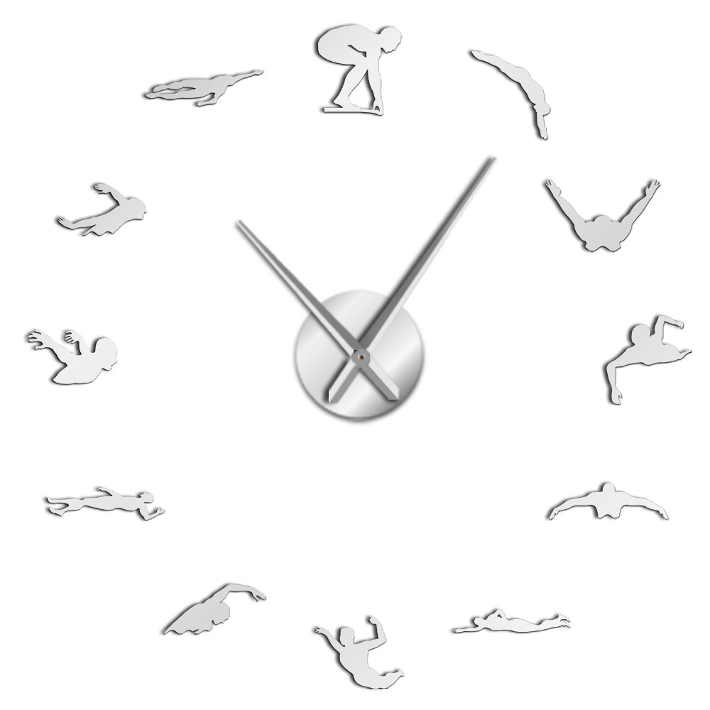 Reloj de pared grande con tema de natación, moderno, bricolaje, con espejo de natación, pegatina, números, arte decorativo para pared de piscina, para nadador: Silver / 37 Inch