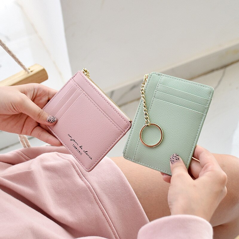 Brand Soft Leather Mini Women Card Holder Cute Credit ID Card Holders Zipper Slim Wallet Case Change Coin Purse Keychain