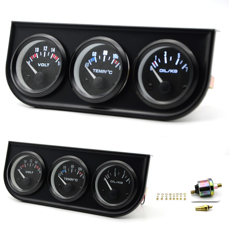 Water Temp Oil Pressure Volt Gauge 52mm 3 in 1 Triple Gauge Kit Black Bezel Black/White Face Color With Temp &amp; Pressure Sensor