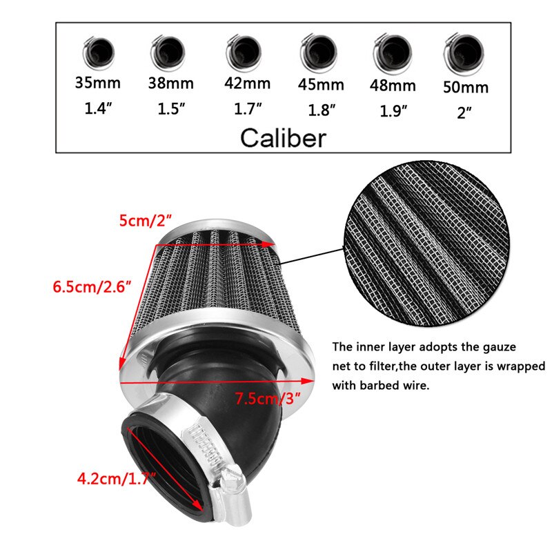 Motorcykel luftfilter 35mm 38mm 42mm 45mm 48mm 50mm universal til 50cc 110cc 125cc 140cc motorcykel atv scooter pit snavs cykel