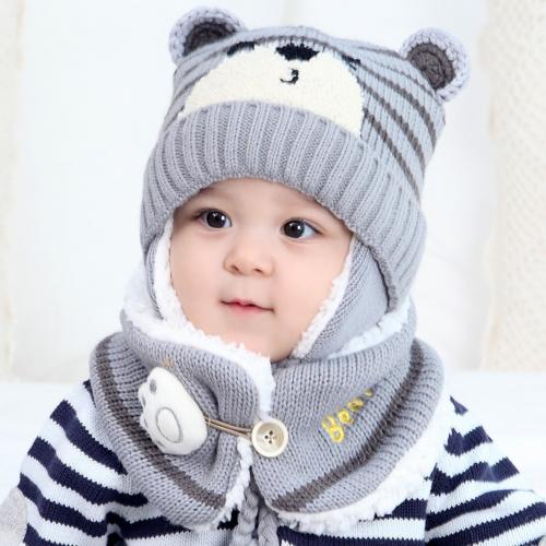 6M-34M Unisex invierno niños bebé niñas dibujo animado de oso para niños sombrero de punto a rayas gorro lana bufanda orejera mantener el conjunto para al aire libre: Grey