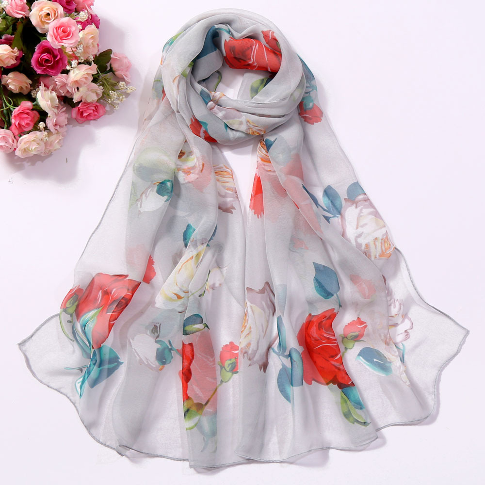 Foulard en mousseline de soie Georgette pour femmes, fleur de Rose, Foulard pour femmes, châle, Bandana , Protection solaire pour la plage: Light grey