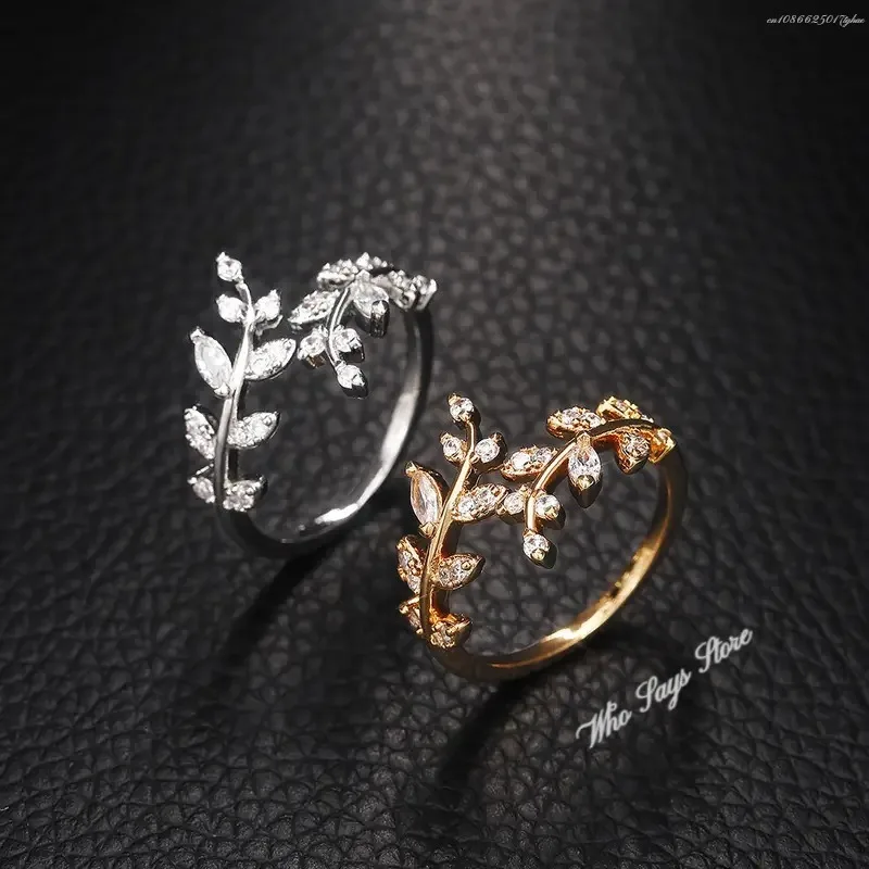 Anillos de apertura de hoja de olivo a la para mujer con incrustaciones de circonia cúbica brillante, accesorios simples y elegantes para dedo, de para chica, Nueva joyería Jahльца