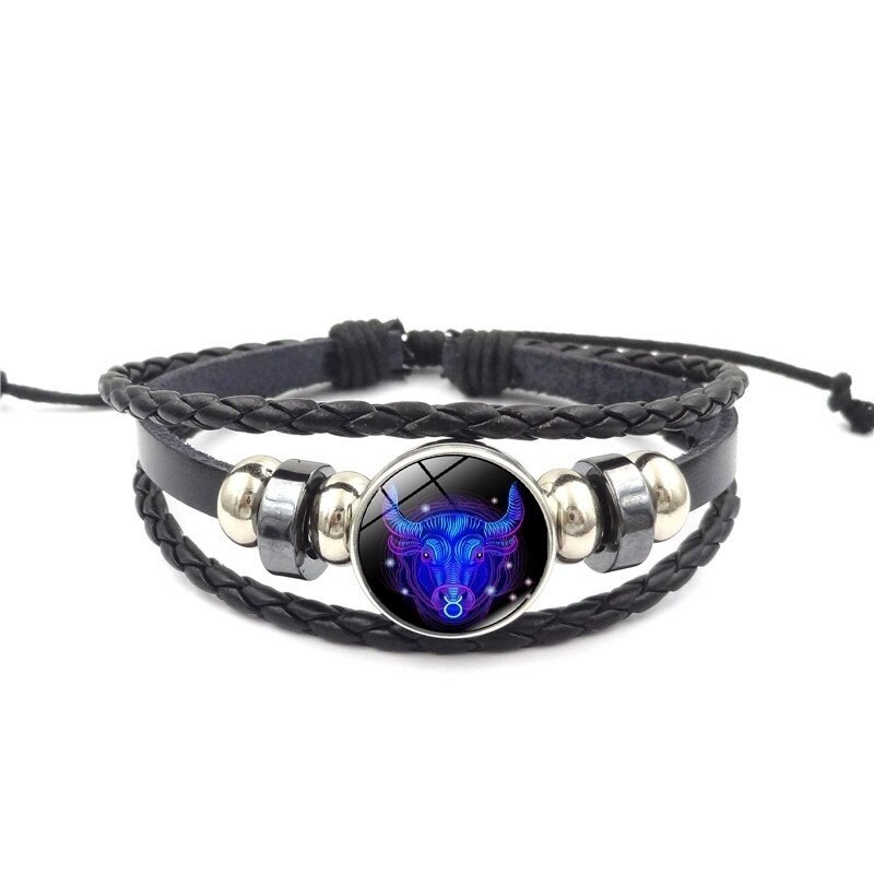 12 Constellation Zodiak Teken Blauw Glas Lederen Armband Ram Waterman Leeuw Maagd Geweven Glas Dome Sieraden Punk Mannen Armband: Taurus