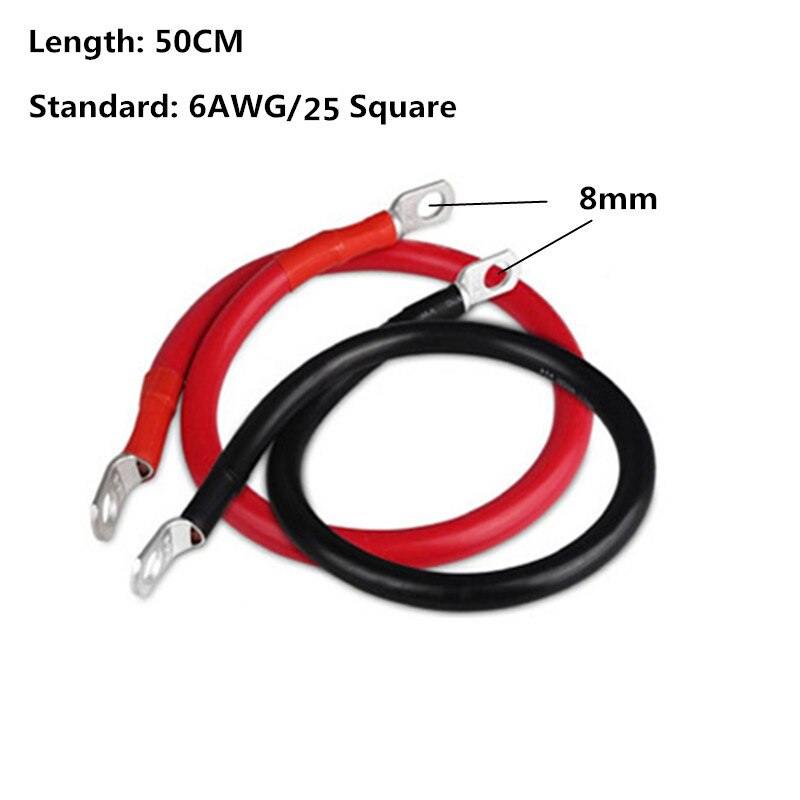 2Pcs 50cm Car Copper Wire Positive Negative Battery Ground Cable Terminal Kit 6 AWG 25 Square Battery Connection Cable Cord Line