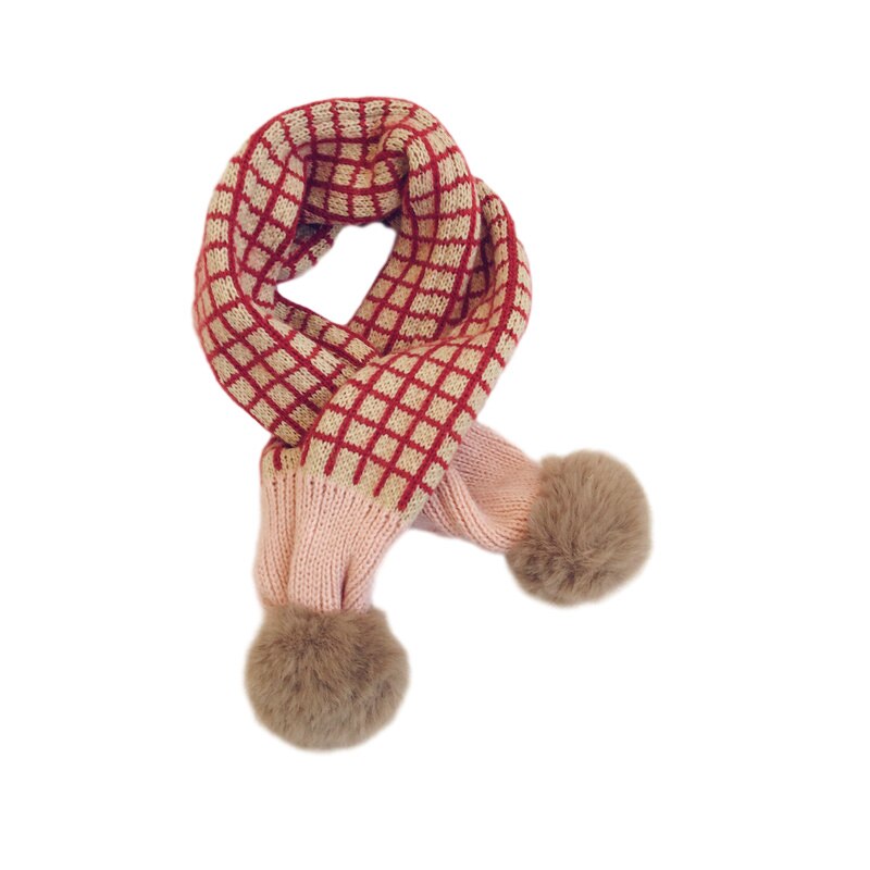 Écharpe tricotée à pompon en fausse fourrure pour enfants, écharpe d&#39;hiver à carreaux pour garçons et filles, cache-cou, accessoires pour bébés: L